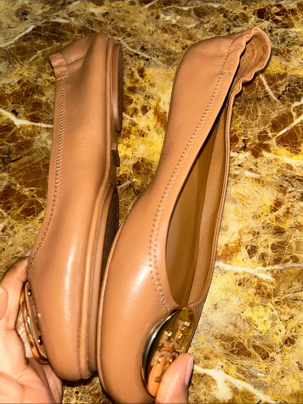 Tory Burch Camel Leather Logo Ballet Flats